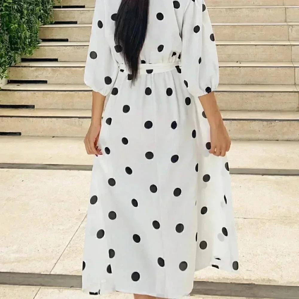 White Casual Women's Polka Dot Print V Neck Wrap Dress With Lantern Sleeve - Picture 6 of 6